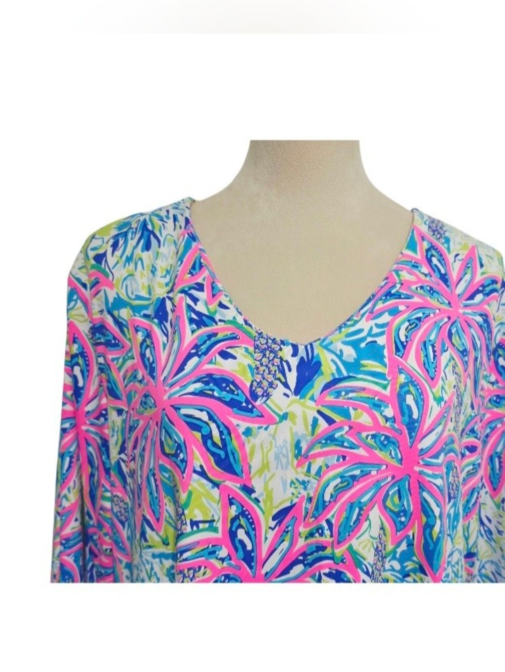 Lulu-B 1X SPF 50 Tropical Palm Print Dress Pink Blue 3/4 Sleeve Resort Plus - Picture 4 of 14